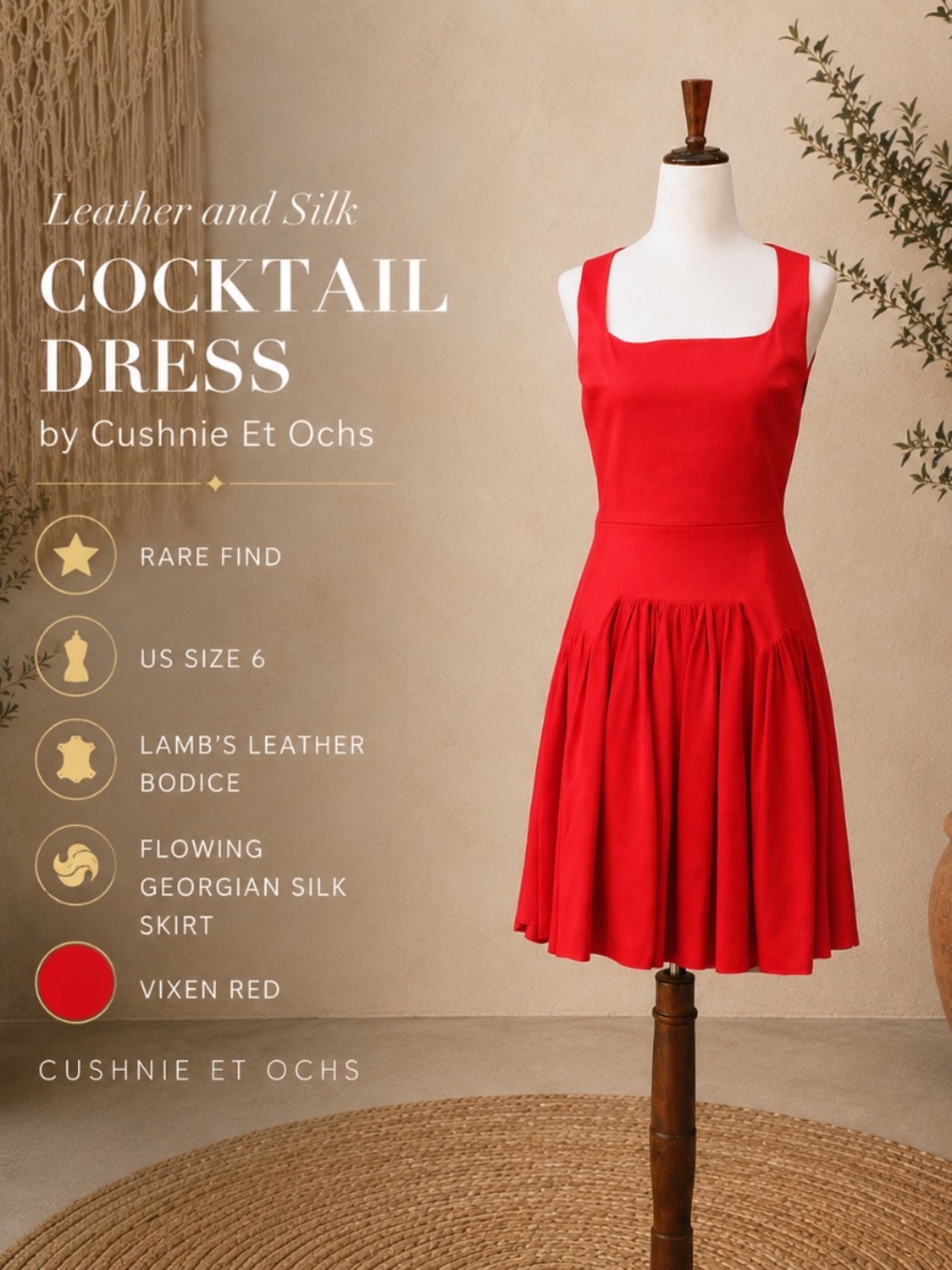 Cushnie Et Ochs Leather and Silk dress Rare red drop waist square neck size 6